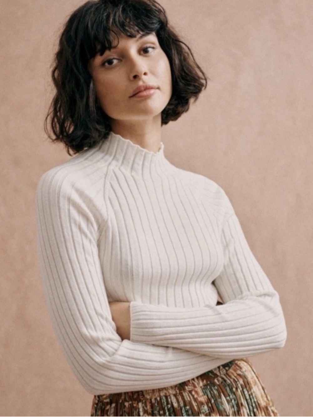 Sézane Charly Jumper Cream Ribbed Mock Neck Sweater Medium